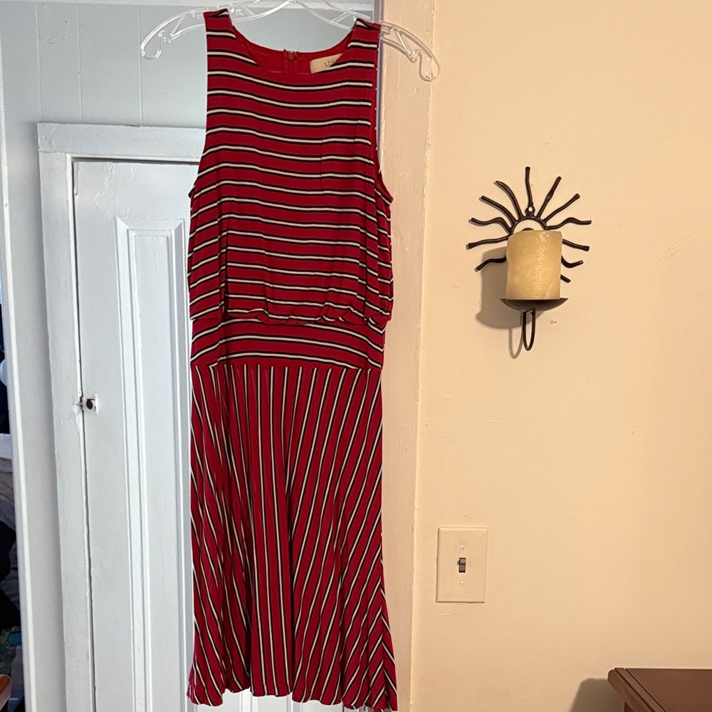 LOFT Red and White Striped Midi Dress